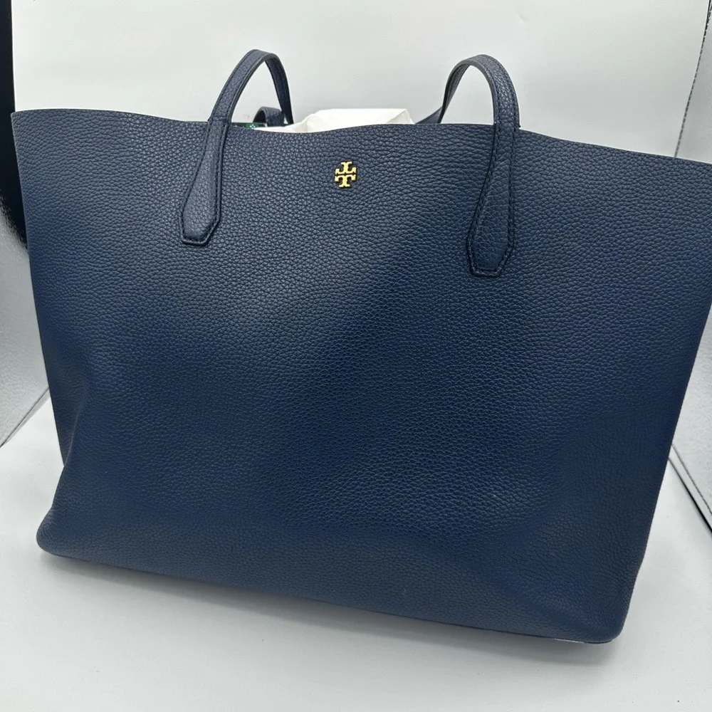 Tory Burch Blue Leather Tote Bag with Gold Logo - Picture 9 of 9